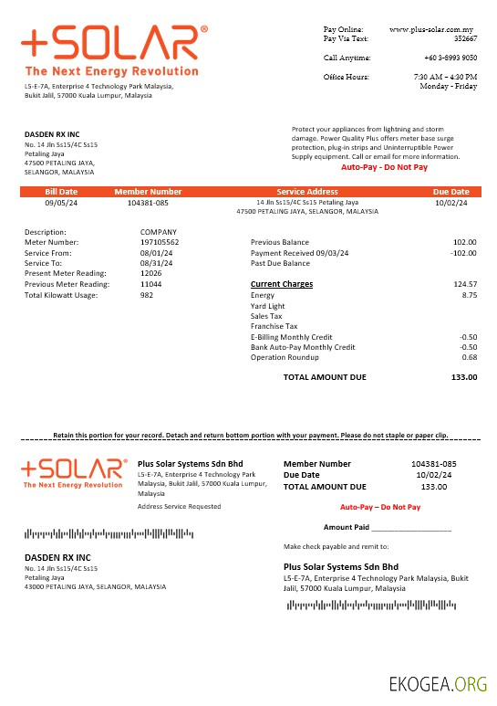 Modèle de facture de services publics de Malaysia Plus Solar Systems Sdn Bhd aux formats Word et PDF